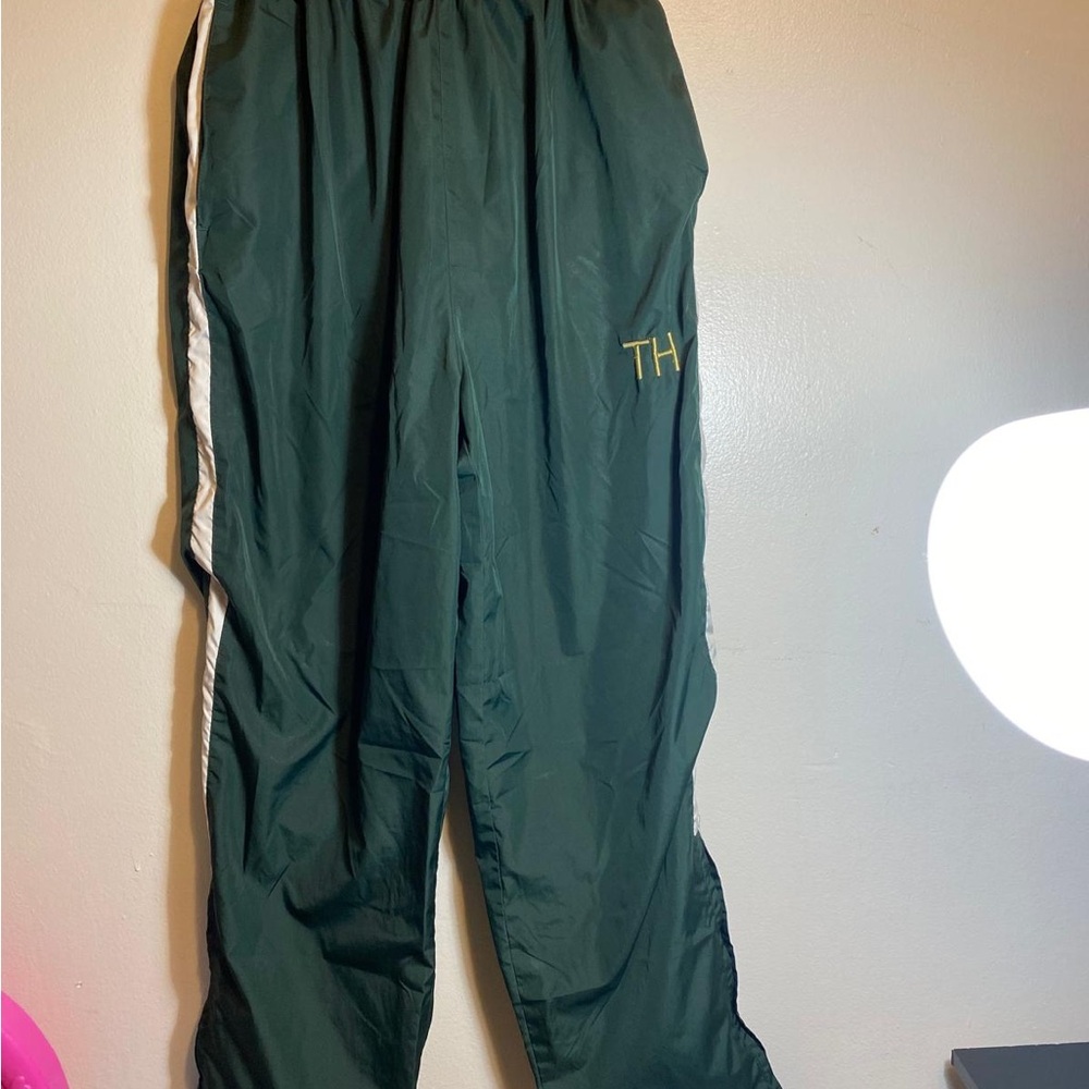 Green Track Pants with White Stripe